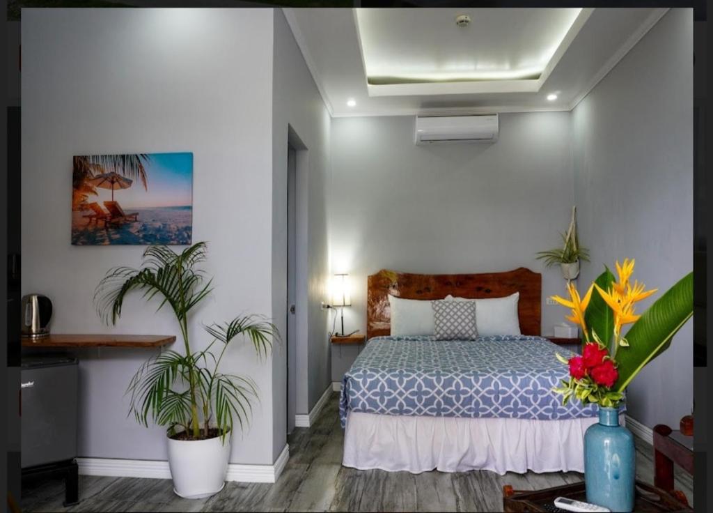 a bedroom with a bed and two potted plants at Palm View Moalboal in Moalboal