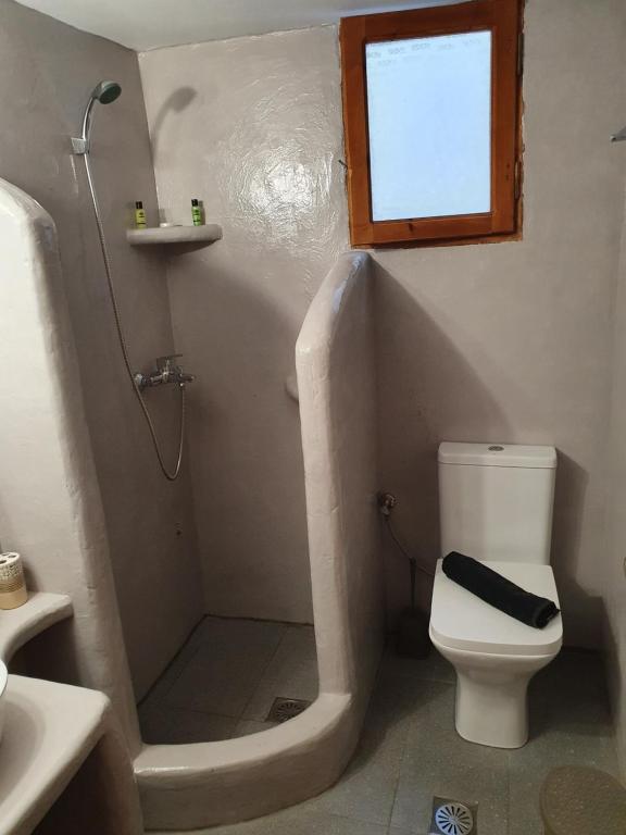 a bathroom with a shower and a toilet and a window at Traditional house under the castle in Astypalaia