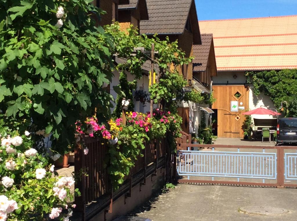 une clôture avec des fleurs sur le côté d'une maison dans l'établissement Ferienwohnung Holzheimer, à Sandberg