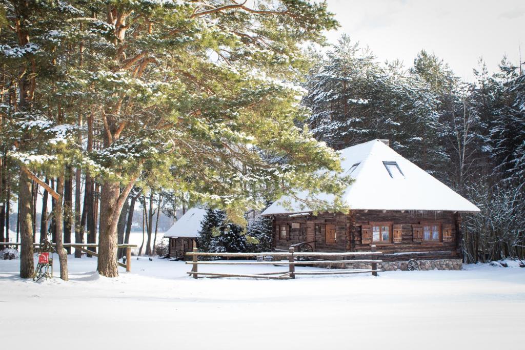 a log cabin with a snow covered roof in the snow at Gungas in Ādaži