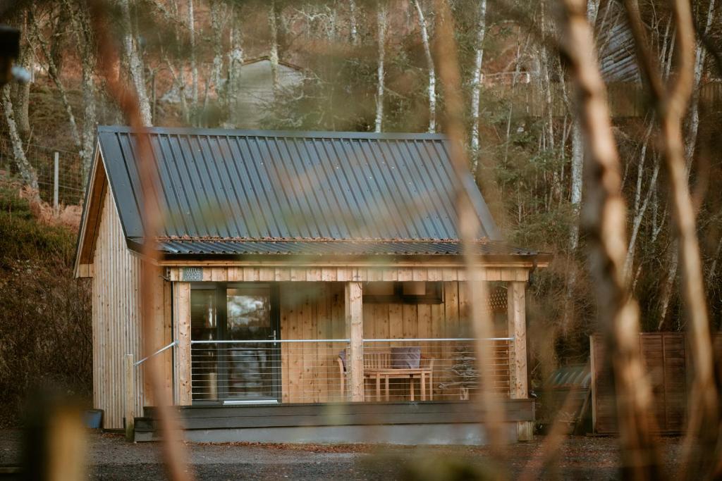 a small cabin with a metal roof and a table at Little Wyvis Lodge in Garve
