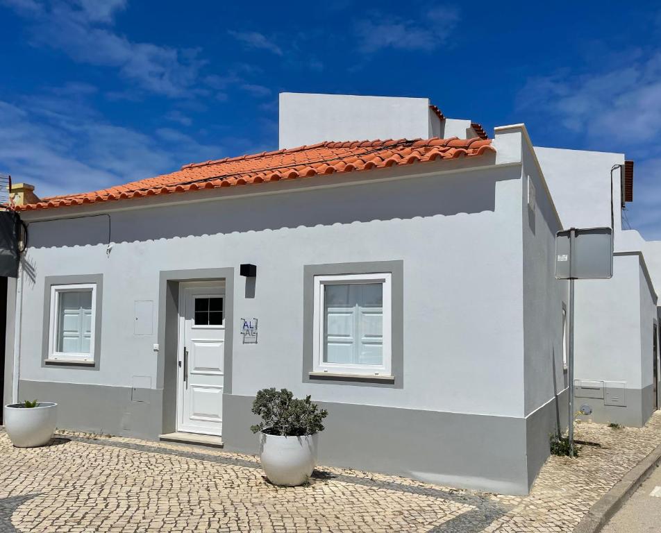 una casa bianca con due piante davanti di Casa Sagres T2 - 3 minutos a pé Praia da Mareta a Sagres