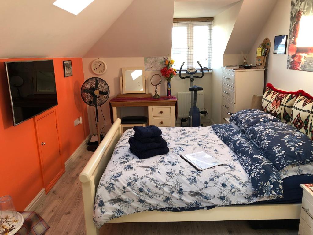 ein Schlafzimmer mit einem Bett und einem TV in der Unterkunft Canterbury HOMESTAY Ensuite in Canterbury