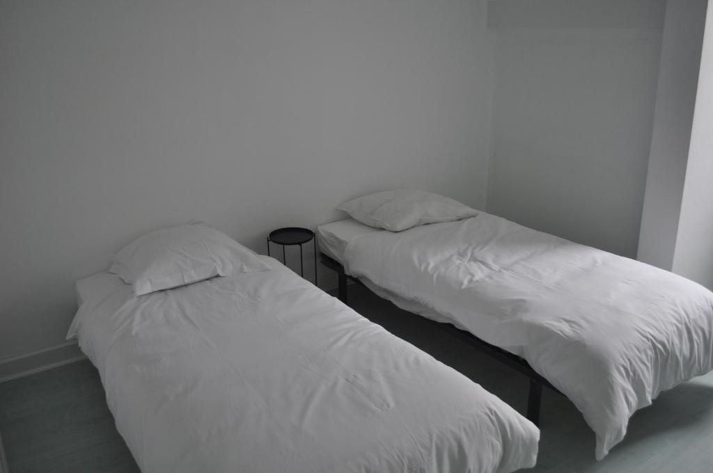 two beds sitting next to each other in a room at Charmant T3 au cœur de Agen Sud in Agen