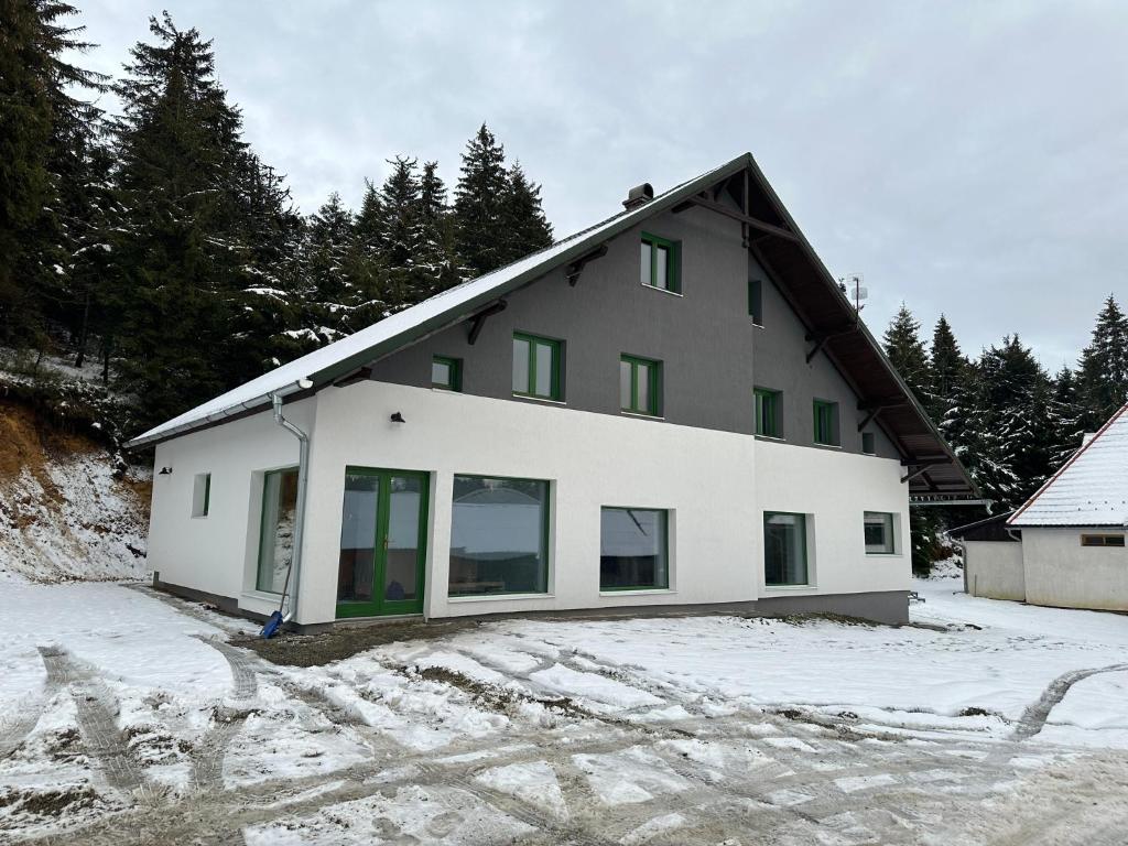 een wit huis met groene ramen in de sneeuw bij Madarasi Sportbázis in Căpîlniţa