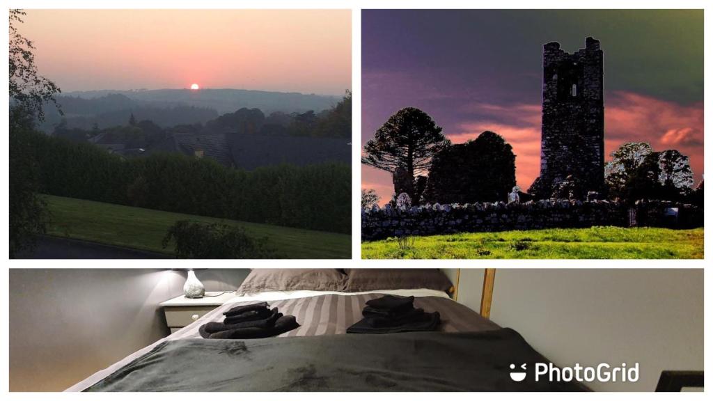 un collage di tre foto di una torre e di un letto di Forest Hills Lodge a Slane
