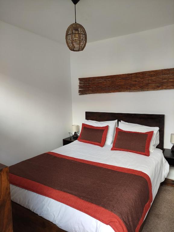 a bedroom with a large bed with red pillows at Hostal Geosol in Antofagasta