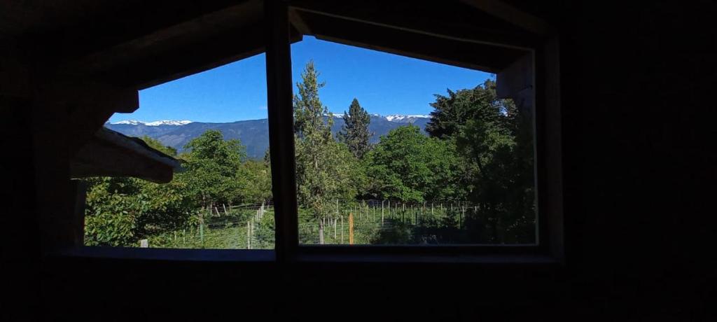 una ventana con vistas a los árboles y a las montañas en Cafuné Cabañita Norte en El Bolsón