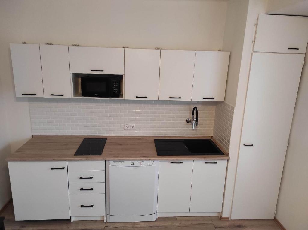 cocina con armarios blancos, fregadero y microondas en Apartmán v Desné, en Desná