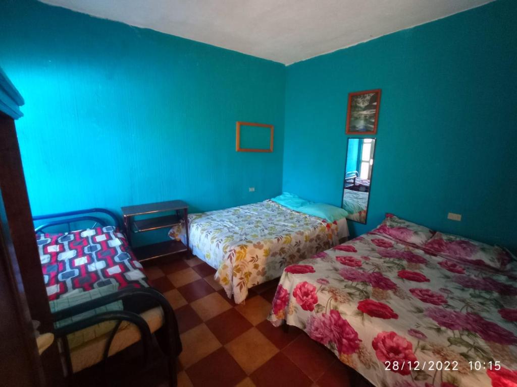 a blue room with two beds and a chair at CASA BELINDA in Santiago Atitlán