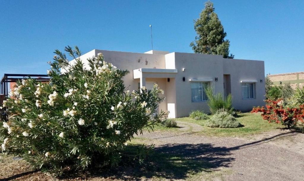 uma casa branca com uma árvore em frente em Chalet Kuyen III em Las Grutas