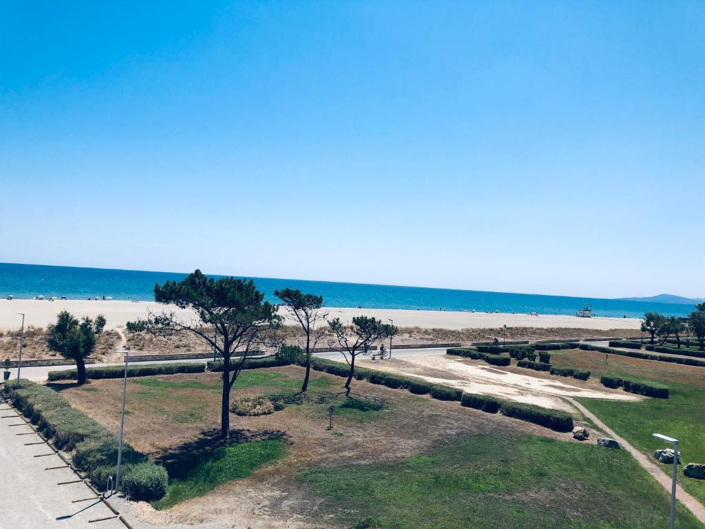 widok na plażę z drzewami i ocean w obiekcie Sur la plage, vue sur mer, spacieux T3 au calme w mieście Saint-Cyprien