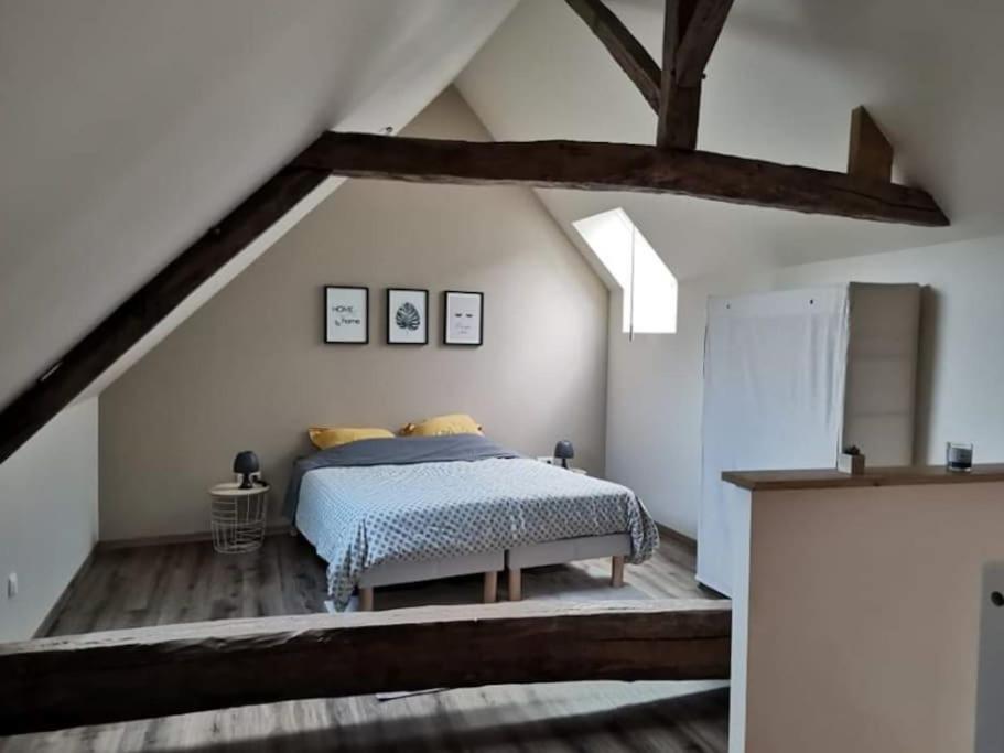 a bedroom with a bed in a attic at Gîte Val de Loire accès privatif: 2/4 personnes in Saint-Branchs