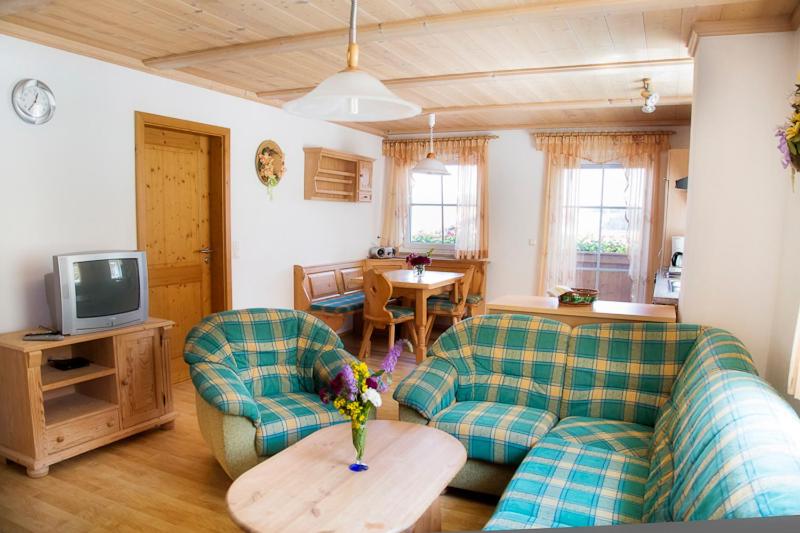 a living room with two couches and a tv at Aignerhof in Kirchberg