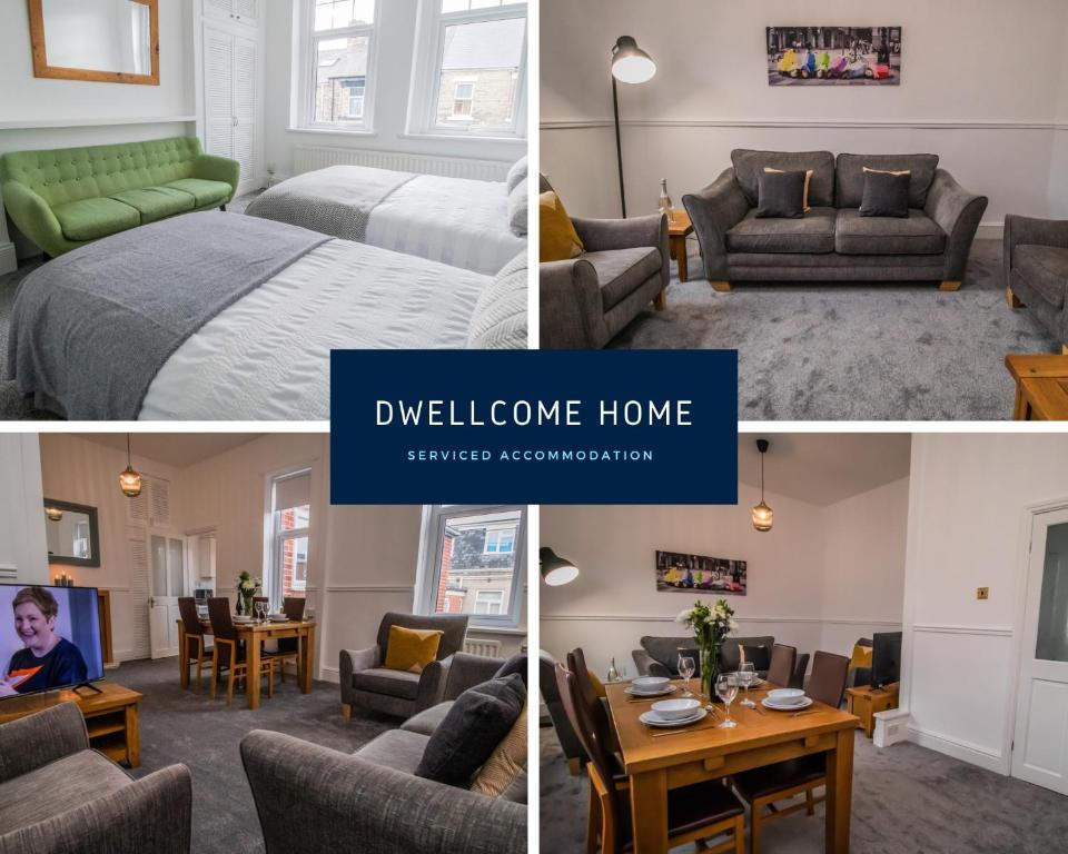 a collage of three pictures of a hotel room at Dwellcome Home Ltd 2 Bedroom 3 Bed South Shields Apartment - see our site for assurance in South Shields