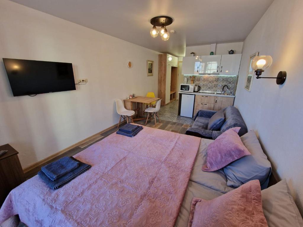 uma sala de estar com uma cama grande e um sofá em New Gudauri, Apartment 244 em Gudauri