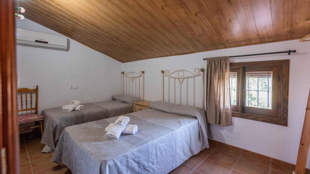 sypialnia z dwoma łóżkami i oknem w obiekcie Casa Rural Huertas del Rio Archidona by Ruralidays w mieście Archidona