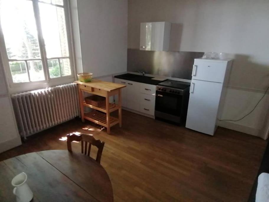 kuchnia ze stołem i białą lodówką w obiekcie Appartement indépendant dans grande maison w mieście Pouilly-sur-Loire
