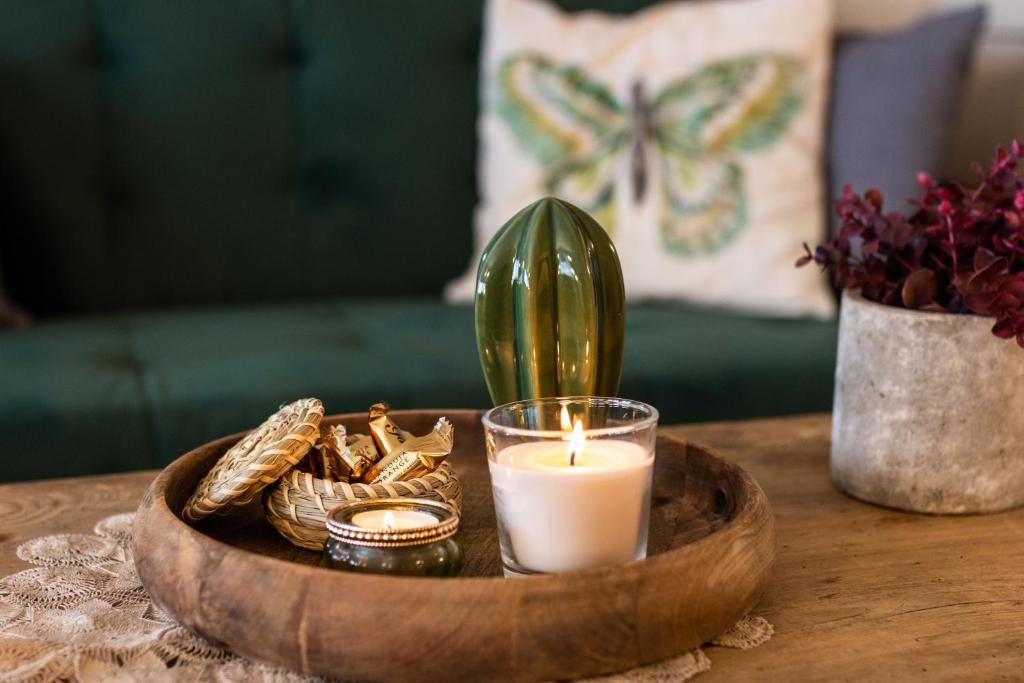 una candela e un vassoio con biscotti e cactus di Ferienwohnung Frostenegg a Nussbaumen
