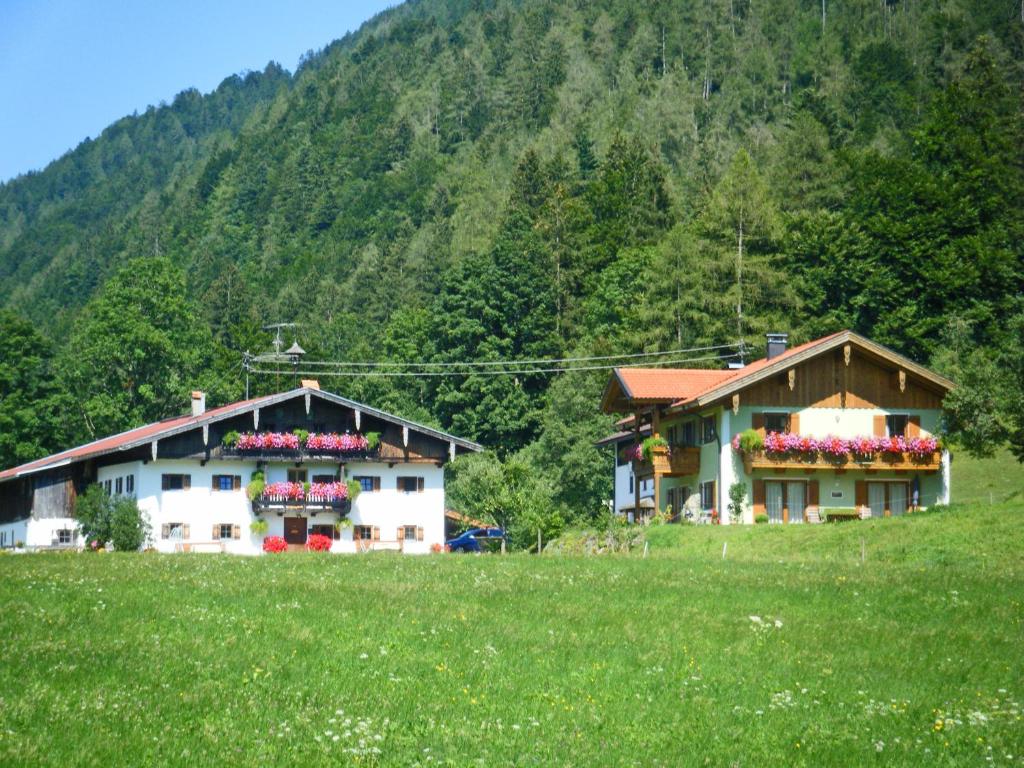 a couple of buildings in a field next to a mountain at Ferienwohnungen Bergerhof in Sachrang