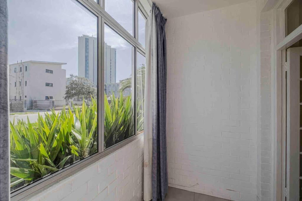 an empty room with a window with a view of plants at Beacon Stay Beach Studio Apartment in Summerstrand