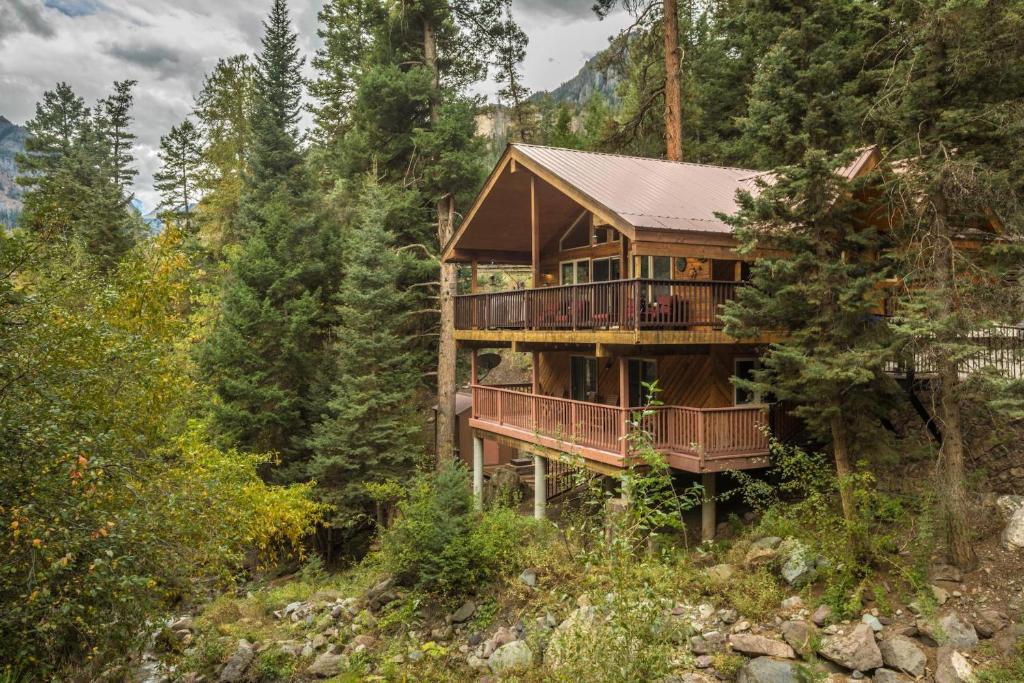 une cabane en rondins entourée d'arbres dans l'établissement 410 Mother Lode Lane, à Ouray