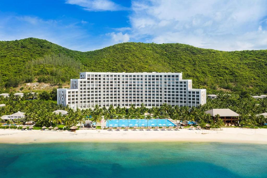 an aerial view of a resort on a beach at Vinpearl Resort & Spa Nha Trang Bay in Nha Trang