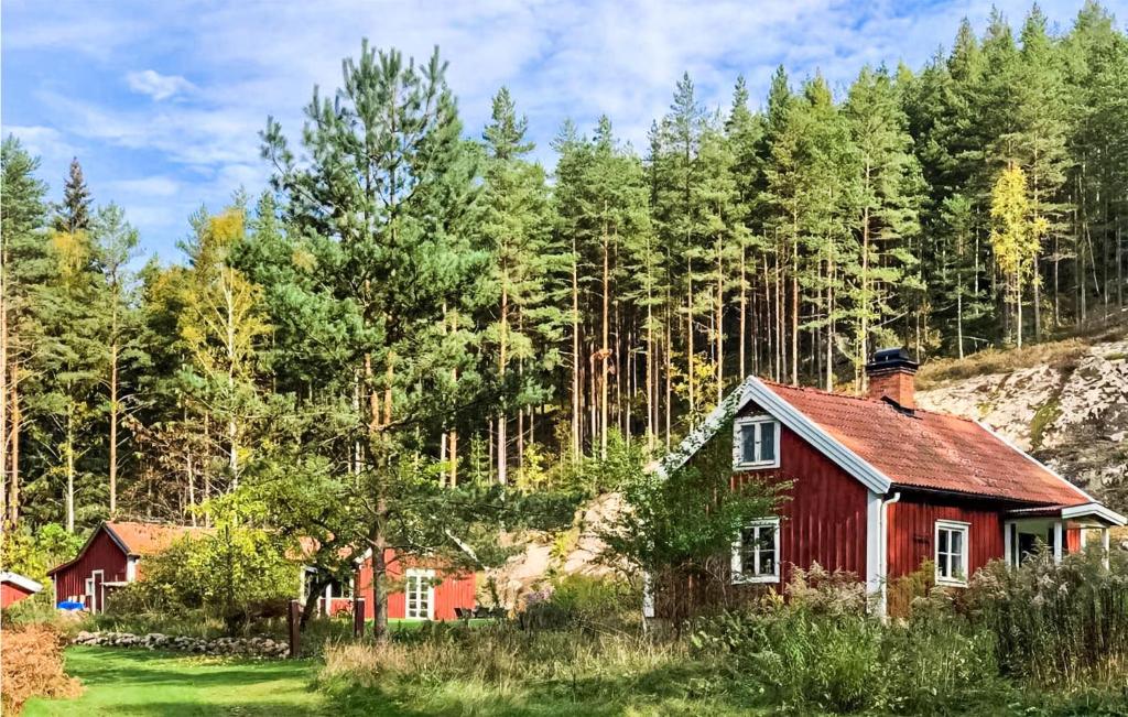 a red house in the middle of a forest at Pet Friendly Home In Boxholm With Kitchen in Blåvik