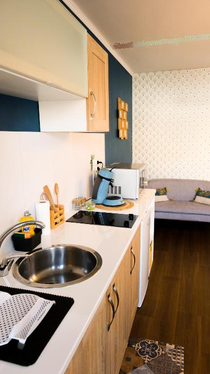 une cuisine avec un évier et un comptoir dans l'établissement Le soleil Dunkerquois, à Dunkerque