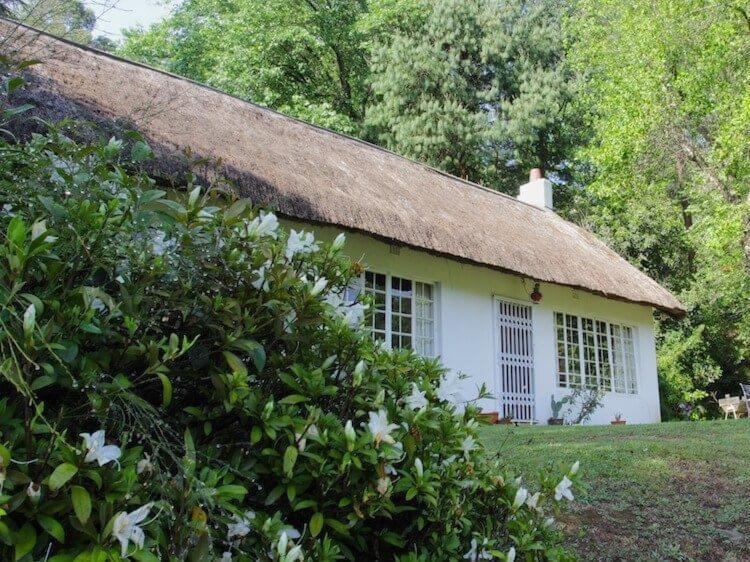 een klein wit huis met een rieten dak bij Woodcroft in Lidgetton