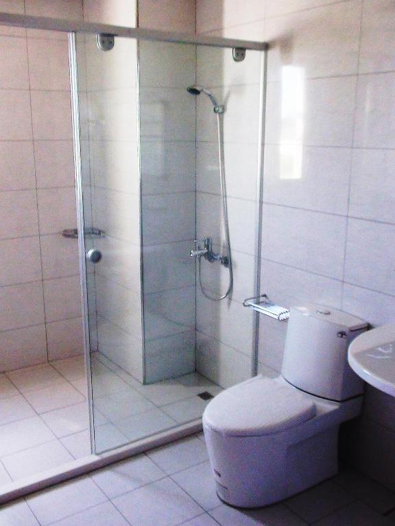 a bathroom with a shower with a toilet and a sink at Dreamily Fish B&B in Magong