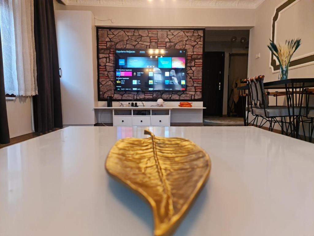 une grande coquille en bois assise sur une table avec une télévision dans l'établissement luxury apartment with fireplace, à Istanbul