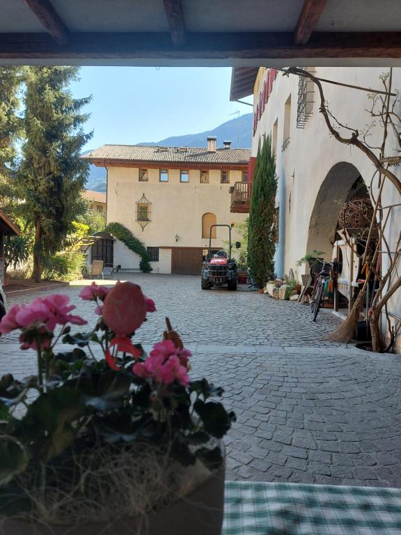 einen Innenhof mit einem Gebäude und einer Vase aus Blumen in der Unterkunft Ansitz von Wohlgemuth in Salurn
