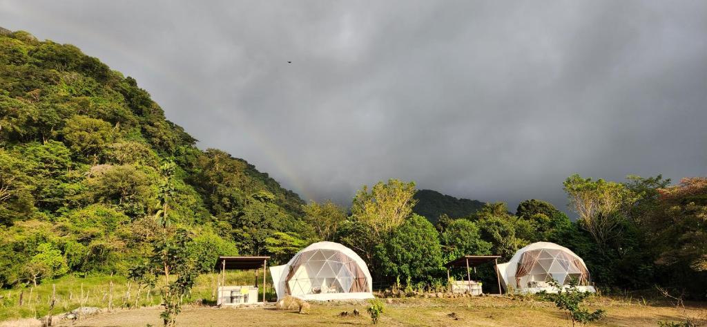 Domo Glamping Monteverde في مونتيفيردي كوستاريكا: قبابين في حقل امام جبل