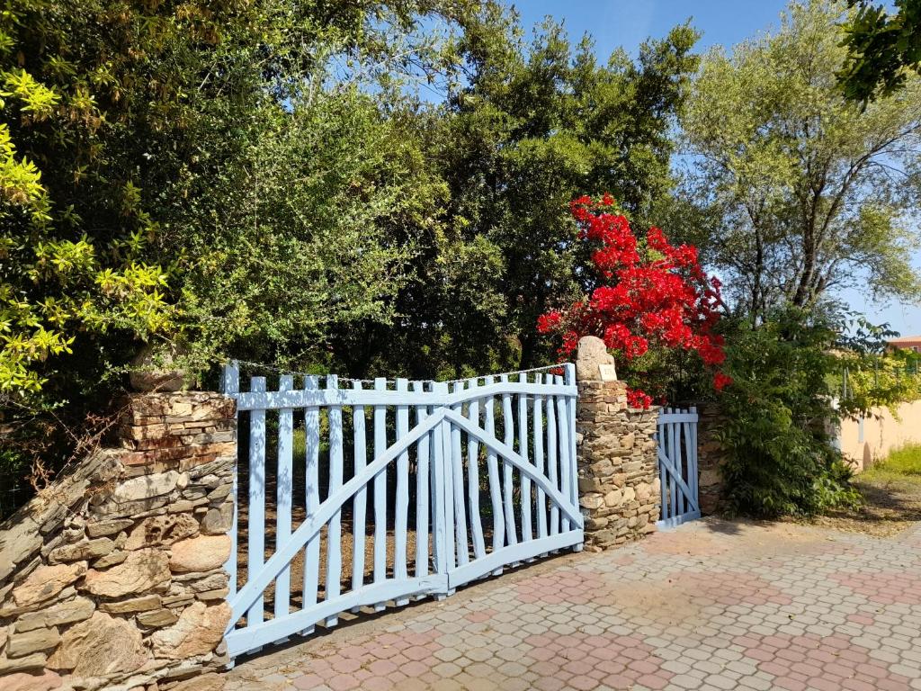 um portão branco com uma parede de pedra e flores vermelhas em ViaGramsci129 em San Teodoro
