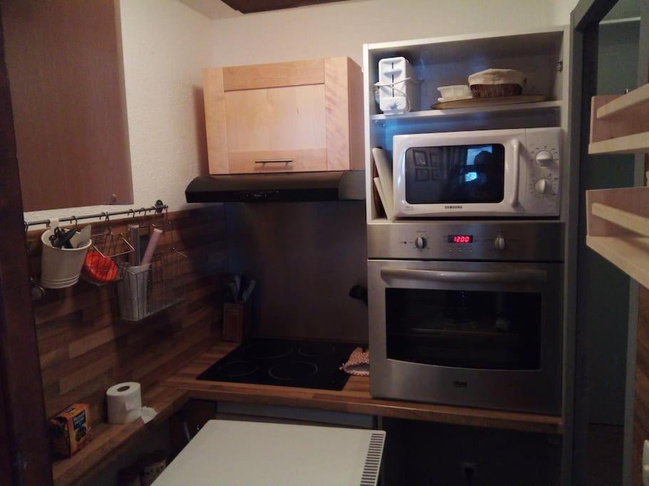 a small kitchen with a microwave and a stove at GRAND STUDIO 6 PERS 31m2 EN COEUR DE STATION in Les Orres