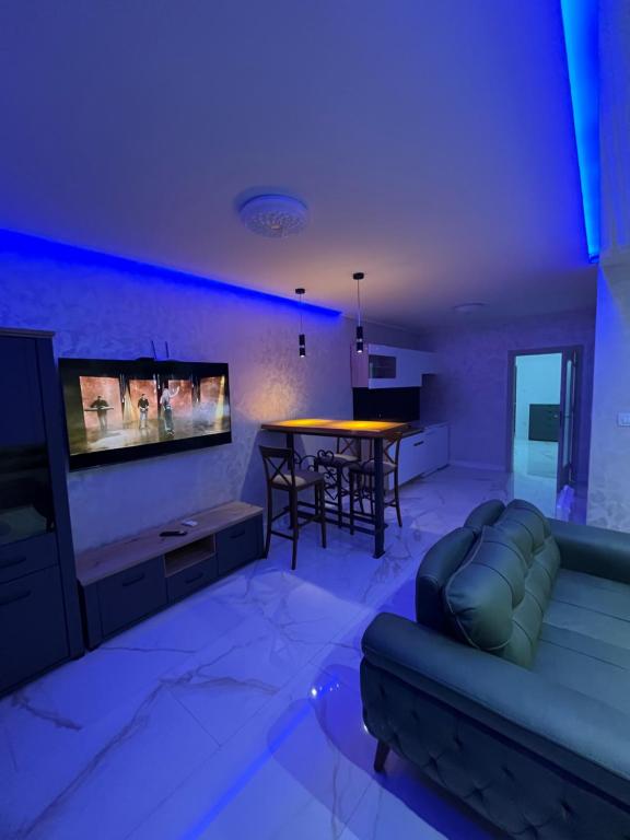 a living room with a couch and a tv at Cezar Apartments in Podgorica