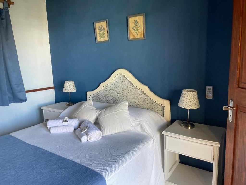 a blue bedroom with a bed with two pillows at La Posada del Minero in Minas de Corrales