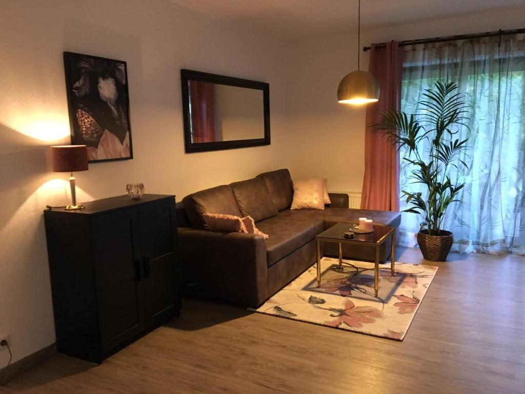 a living room with a brown couch and a table at Emotion zentrumsnah für bis zu 6 Personen in Winterberg