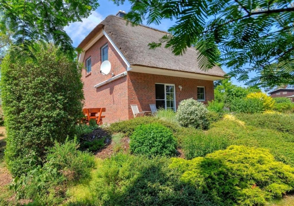 a small brick house on a hill with bushes at Ferienhaus Clara in Benz