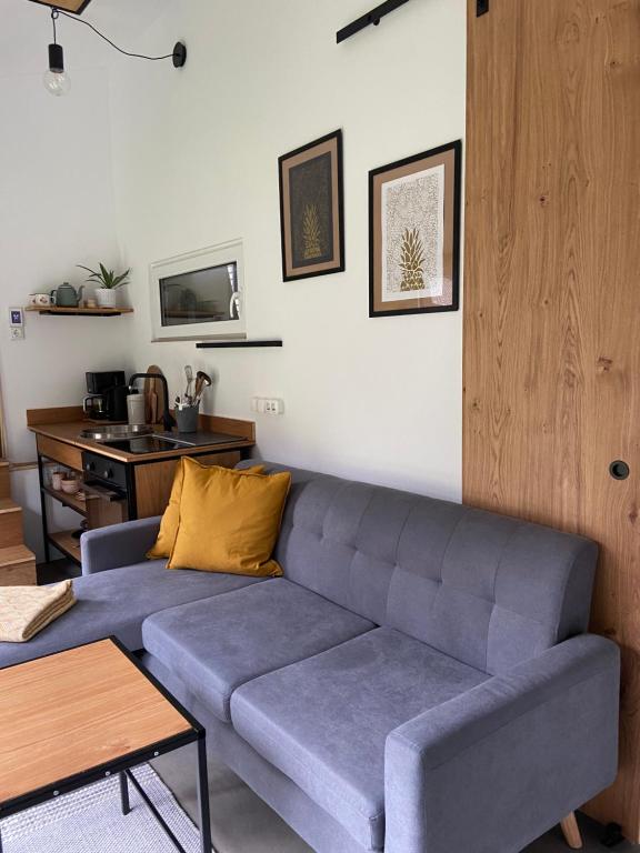 - un salon avec un canapé et une table dans l'établissement Modernes Tinyhouse Trailer Cabins am Waldrand - mit Seezugang, à Eging am See