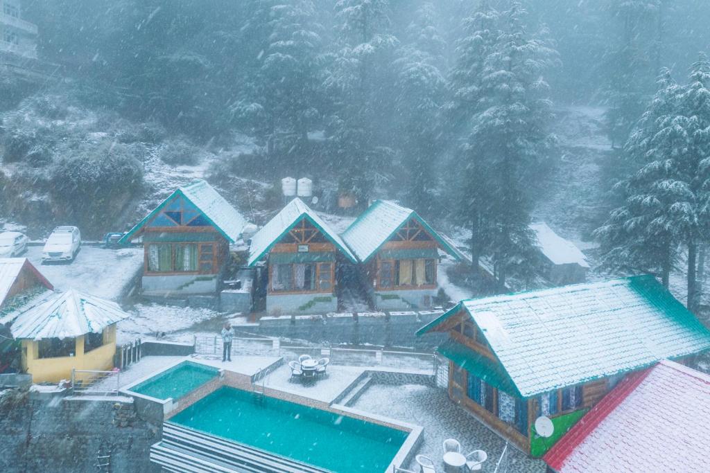 a house with a swimming pool in the snow at Wolfandwoods in Khajjiar 