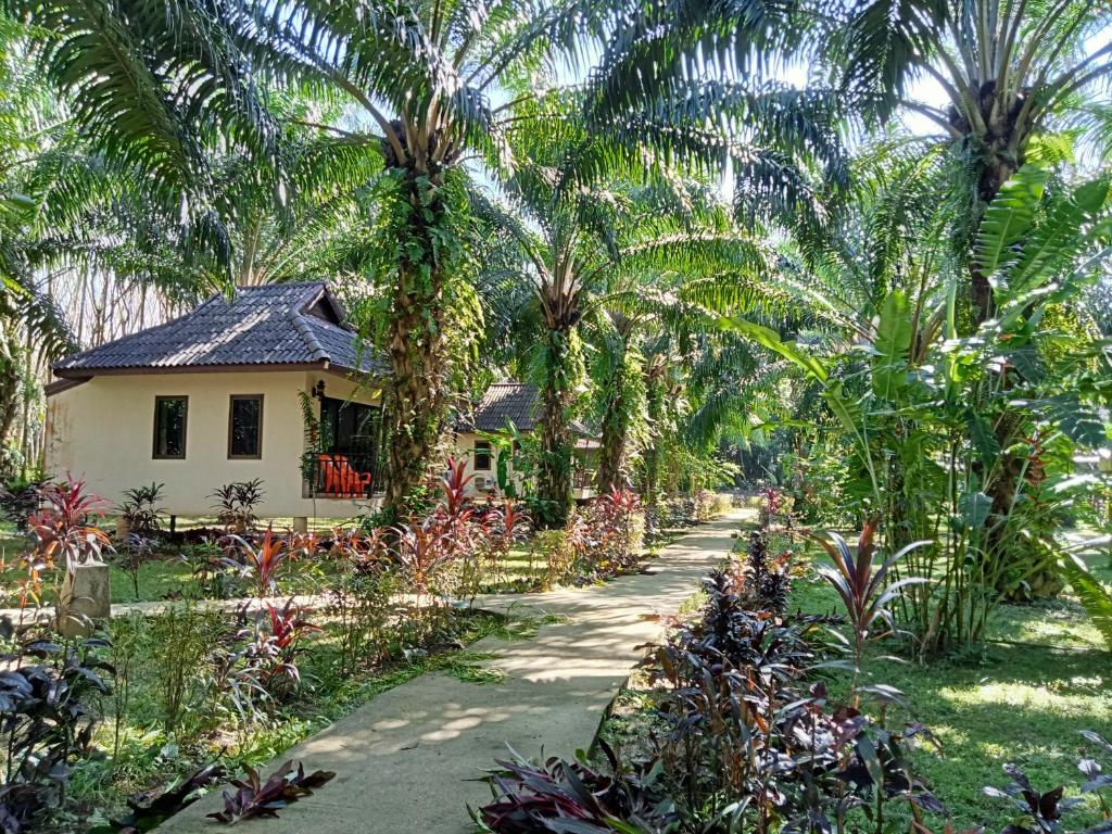 a house in the middle of a garden with palm trees at Khao Sok Palm Garden Resort in Khao Sok