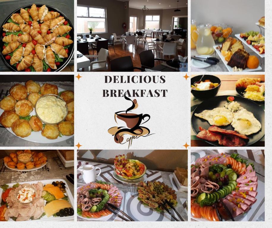 a collage of pictures of breakfast foods and desserts at The Mole Guesthouse in Swakopmund
