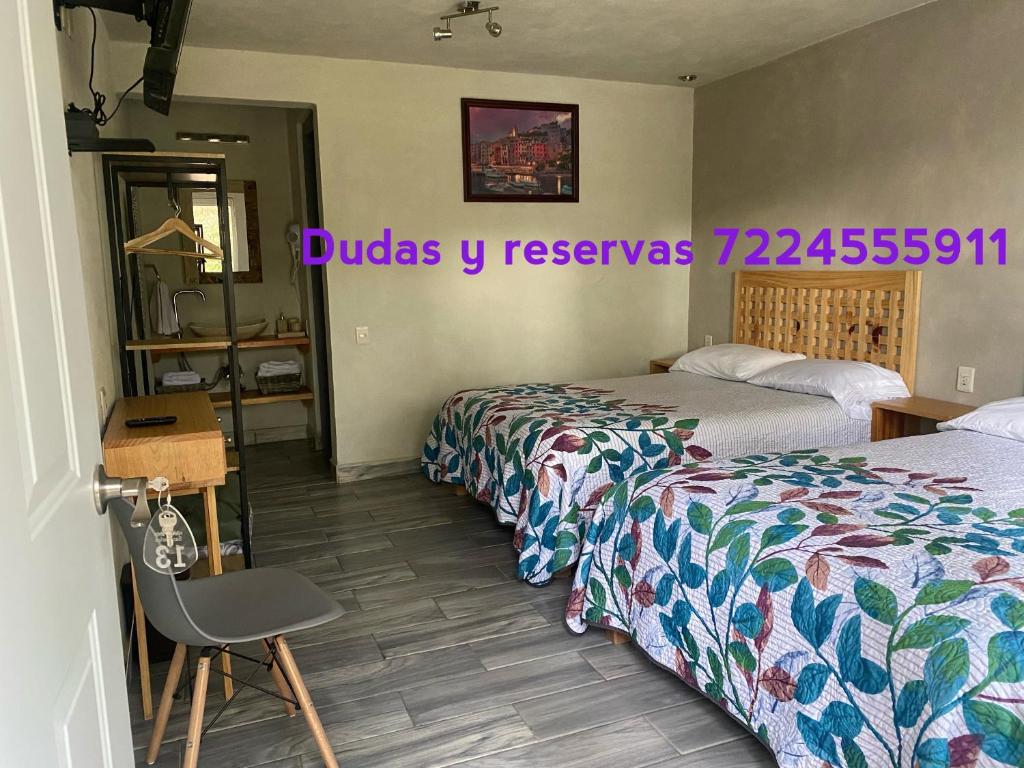 ein Hotelzimmer mit 2 Betten und einem Stuhl in der Unterkunft Hotel San Carlos in Valle de Bravo