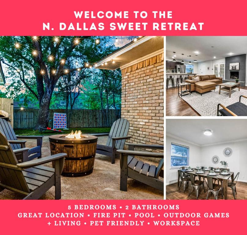 a collage of photos of a patio with furniture and a tree at Sweet Retreat in North Dallas in Dallas