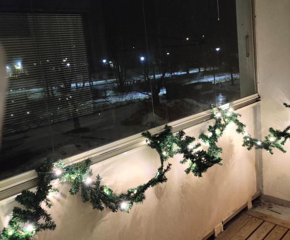 a window with christmas lights on a window sill at Kodikas kaksio keskustassa in Pori