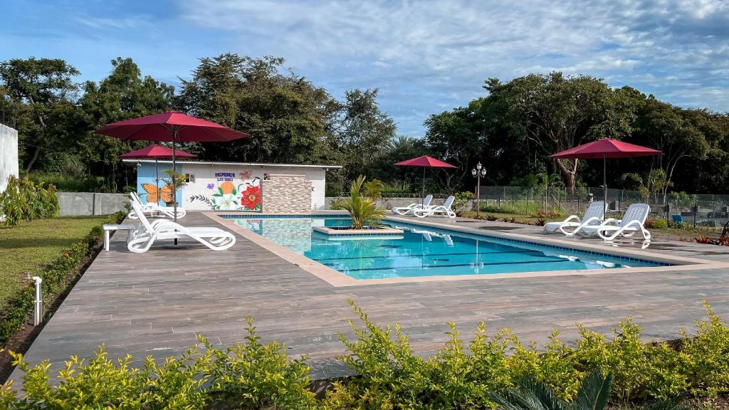 a pool with chairs and umbrellas on a wooden deck at Hospedaje Las Uvas in Las Uvas