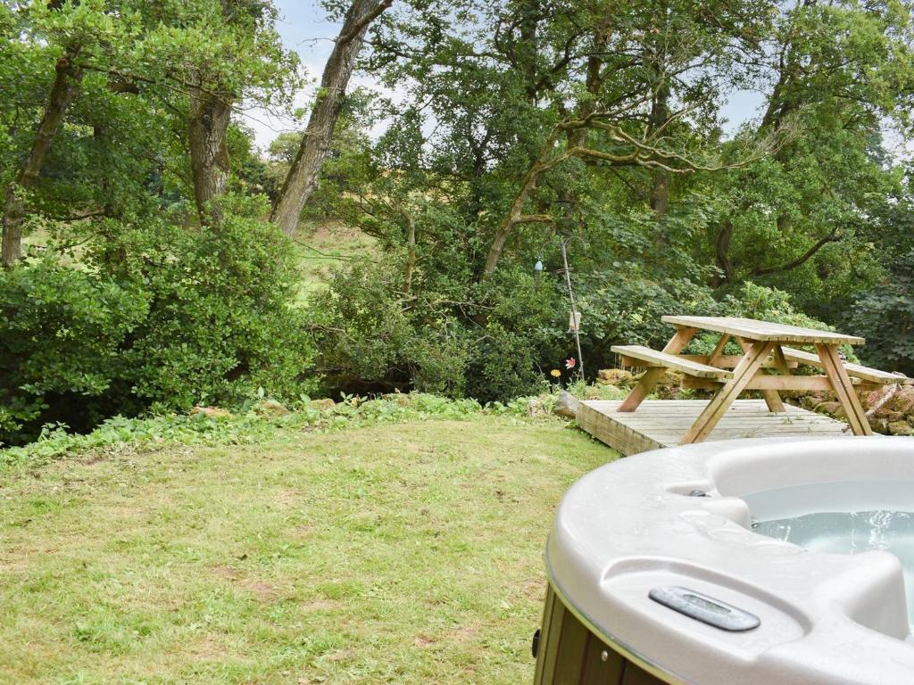 uma banheira ao lado de uma mesa de piquenique em Heron Cottage-uk32944 em Great Salkeld