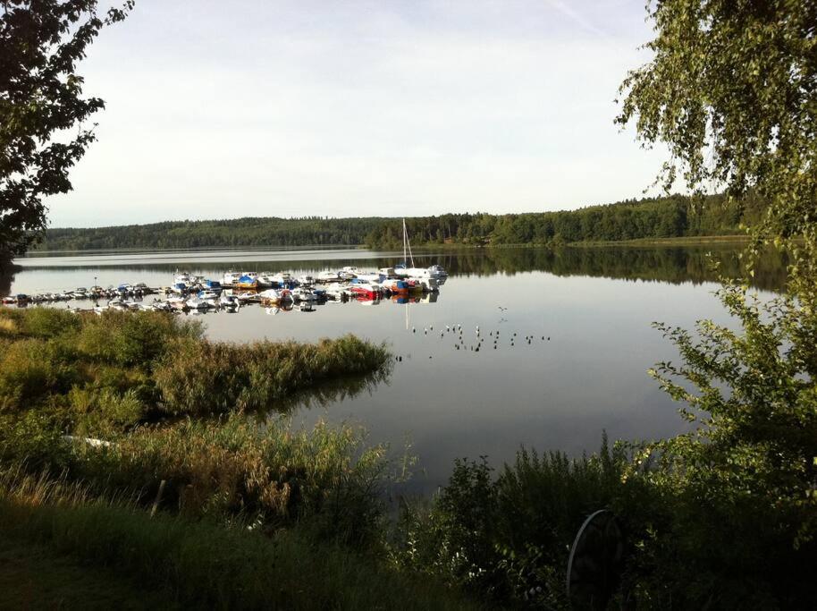 a group of boats are docked on a lake at Entire Town House on Ground floor front of Lake in Märsta